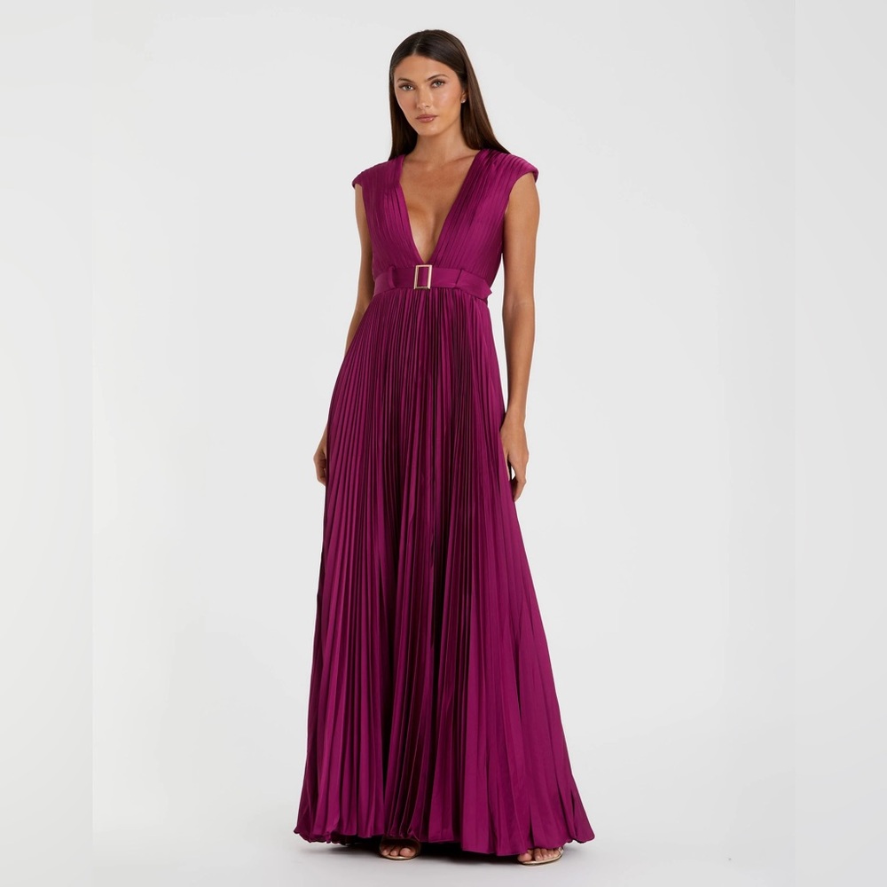 Pleated Plunge Neck Belted A Line Gown